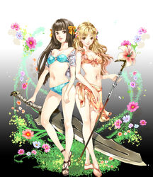  2girls atelier_(series) atelier_ayesha ayesha_altugle bikini chushengdao commentary_request cosmos_(flower) flower jewelry lily_(flower) linca_(atelier) linca_(eighth)_(atelier) looking_at_viewer multiple_girls navel necklace orange_sarong photoshop_(medium) print_sarong sandals sarong smile staff swimsuit sword weapon 