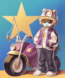  1other androgynous blonde_hair eggplant food_print goggles goggles_on_eyes hands_in_pockets hemo_(hemoroda) highres jacket len&#039;en letterman_jacket motor_vehicle motorcycle other_focus purple_jacket umatachi_tsugumi yellow_eyes 