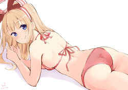  ass atelier_(series) atelier_firis bad_id bad_pixiv_id bare_arms bikini blonde_hair blue_eyes blush bow closed_mouth female hairbow halterneck highres ilmeria_von_leinweber long_hair looking_at_viewer lying minidraco on_stomach pink_bikini shiny_skin shoulder_blades simple_background smile solo string_bikini striped striped_bow swimsuit white_background 