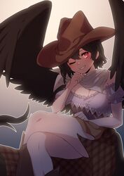  absurdres bandana bare_shoulders beige_background black_hair black_wings blue_background blue_shirt blush breasts brown_hat brown_skirt chinese_commentary cleavage commentary cowboy_hat crossed_legs feathered_wings feet_out_of_frame female frills gradient_background grin hair_between_eyes hand_up hat head_tilt highres kurokoma_saki looking_at_viewer md5_mismatch medium_breasts off-shoulder_shirt off_shoulder one_eye_closed overskirt plaid plaid_skirt puffy_short_sleeves puffy_sleeves red_eyes shirt short_hair short_sleeves sitting skirt smile solo thighs touhou tuck_(tuck23978434) wings 