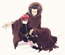  1boy aged_down black_pants black_shirt brown_cloak cloak closed_mouth forehead_protector full_body fur_trim highres holding holding_photo lolicon long_sleeves male_focus marionette naruto_(series) naruto_shippuuden ninja orange_eyes pants photo_(object) picture_frame puppet red_hair sandals sasori_(naruto) shirt sitting solo sunagakure_symbol third_kazekage toes yi_(199702090505) 