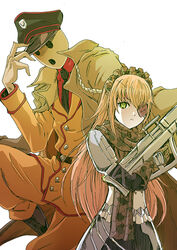  1boy black_necktie blonde_hair camouflage_gloves camouflage_scarf collared_shirt commentary_request cz2128_delta eyepatch female floating_hair green_eyes gun holding holding_gun holding_weapon jacket long_hair looking_at_viewer maid maid_headdress military military_jacket military_uniform necktie overlord_(maruyama) pandora&#039;s_actor pants red_shirt rurukichi shirt simple_background uniform very_long_hair weapon white_background wing_collar yellow_jacket yellow_pants 