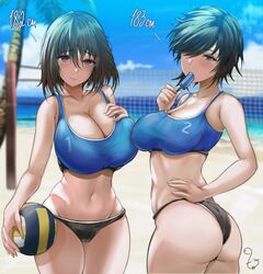  2girls absurdres ass asymmetrical_docking ball bare_shoulders beach beach_volleyball bikini black_eyes black_hair blue_sky blue_sports_bra blush breast_press breasts cameltoe cleavage closed_mouth cloud collarbone commentary_request day dripping eating food food_in_mouth hair_between_eyes hair_over_one_eye hand_on_own_chest hand_on_own_hip highres holding holding_ball holding_food horizon huge_breasts ice_cream large_breasts looking_at_viewer madoka_(terasu_mc) medium_hair melting miki_(marushin) mismatched_bikini mole mole_on_breast mouth_hold multiple_girls navel net ocean original outdoors palm_tree popsicle purple_eyes short_hair sky sports_bikini sports_bra sportswear standing summer swimsuit t3x thighs thong tree upper_body volleyball volleyball_(object) volleyball_net volleyball_uniform water 