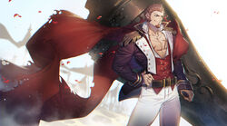  1boy abs banner bara belt blue_eyes blurry blurry_background brown_hair cannon cape desert epaulettes facial_hair fate/grand_order fate_(series) fringe_trim goatee hand_on_own_hip huge_weapon jacket light long_sideburns long_sleeves looking_to_the_side male_focus military military_uniform muscular muscular_male napoleon_bonaparte_(fate) open_clothes pants partially_unbuttoned pectoral_cleavage pectorals petals rose_petals sand scar shipl short_hair sideburns smile solo tight_clothes torn_cape torn_clothes unbuttoned uniform very_short_hair weapon white_pants 