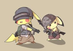  2017 absurd_res armor backpack clothing cosplay duo fingerless_gloves generation_1_pokemon generation_2_pokemon gloves gun handgun handwear headgear helmet hi_res nintendo open_mouth pichu pikachu playerunknown&#039;s_battlegrounds pokemon pokemon_(species) ranged_weapon sonawill weapon 