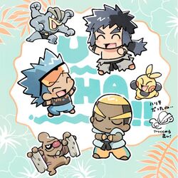  3boys black_hair blonde_hair blush_stickers brawly_(pokemon) bruno_(pokemon) chibi closed_eyes closed_mouth commentary_request conkeldurr dark-skinned_male dark_skin grey_pants hariyama long_hair machamp makuhita male_focus marshal_(pokemon) multiple_boys nibo_(att_130) open_mouth own_hands_together pants partially_colored pokemon pokemon_(creature) pokemon_bw pokemon_frlg pokemon_oras sash shirt short_hair sleeveless smile sunglasses tongue topless_male 