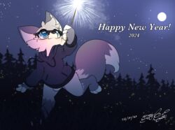  anthro arthropod beetle blue_eyes canid canine clothed clothing elateroid eyewear firefly fox freckles fur gingy_(gingy_k_fox) gingy_k_fox glasses grey_body grey_fur hoodie insects mammal outside sparkler topwear 