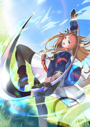  absurdres animal_ears belt black_footwear black_gloves black_pantyhose blue_eyes blue_jacket blue_sky boots brown_hair commentary_request doushi_tatsu_to_dekkai_no dress ear_ornament female foot_out_of_frame gloves grass_wonder_(umamusume) highres holding holding_weapon horse_ears horse_girl horse_tail jacket lens_flare long_hair long_sleeves looking_at_viewer multicolored_hair open_clothes open_jacket open_mouth pantyhose sky solo streaked_hair tail teeth thigh_strap twitter_username umamusume upper_teeth_only weapon white_dress 