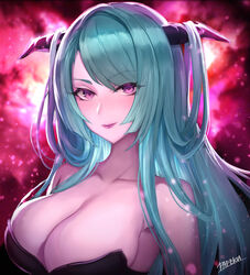  artist_name bare_shoulders breasts cleavage collarbone demon_girl demon_horns female grey_hair hair_on_horn highres horns large_breasts long_hair looking_at_viewer original pafekui purple_eyes solo upper_body 