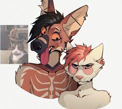  absurd_res anthro ash_(manedpizzawolf) band-aid band-aid_on_face band-aid_on_nose bandage bandage_on_face bandage_on_nose black_nose blue_eyes bodily_fluids canid canine collarbone digital_drawing_(artwork) digital_media_(artwork) domestic_cat duo ear_piercing ear_ring eyebrow_piercing eyewear facial_piercing felid feline felis frown fur fur_markings glasses hair headshot_portrait hi_res industrial_piercing looking_at_another looking_at_partner male male/male mammal maned_wolf manedpizzawolf markings meme orange_body orange_eyes orange_fur photo piercing pink_hair pink_nose portrait ring_piercing saliva saliva_on_tongue simple_background skeleton_(marking) tinted_glasses tongue tongue_out whiskers white_background white_body white_fur 