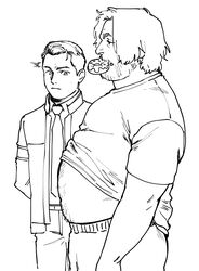  2boys bara beard_stubble big_belly blank_stare clothes_lift connor_(detroit) detroit:_become_human doughnut expressionless facial_hair food food_in_mouth from_side girl_staring_at_guy&#039;s_chest_(meme) greyscale hank_anderson highres looking_ahead looking_at_stomach looking_down male_focus mature_male meme monochrome multiple_boys navel_hair necktie nore_(boosuke) notice_lines pectorals plump profile shirt shirt_lift short_hair stubble t-shirt three_quarter_view yaoi 