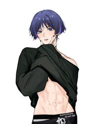  1boy black_pants black_shirt clothes_lift earrings genshin_impact guilty_challenge_(meme) jewelry male_focus male_underwear meme midriff pants purple_eyes scaramouche_(genshin_impact) shirt shirt_lift solo stomach uenodraws underwear 