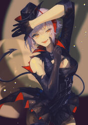  absurdres ahoge ambience_synesthesia antenna_hair arknights arm_up belt belt_buckle black_belt black_dress black_gloves black_hat black_pantyhose black_tail blurry blurry_background breasts buckle chest_belt chest_strap cleavage cleavage_cutout clothing_cutout commentary_request cowboy_shot demon_girl demon_horns demon_tail depth_of_field dress drop_shadow dyed_ahoge elbow_gloves eyelashes female gloves grey_hair half-closed_eye hand_up hat high_belt high_collar highres horns index_finger_raised large_breasts long_sleeves looking_at_viewer miike_(992058) multiple_belts o-ring official_alternate_costume open_mouth outstretched_hand pantyhose pleated_dress popped_collar red_horns shadow short_dress short_hair showgirl_skirt single_bare_shoulder single_elbow_glove single_sleeve smile smirk smug solo spotlight standing tail teeth tongue torn_clothes torn_dress torn_gloves torn_pantyhose two-sided_dress two-sided_fabric underbust w_(arknights) w_(wanted)_(arknights) yellow_eyes 