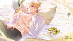  1boy bags_under_eyes birthday_card blonde_hair box collared_shirt ermine ferret gift gift_box happy_birthday highres large_pectorals letter long_sleeves looking_at_another lying male_focus muscular muscular_male nu_carnival official_art on_back on_bed open_clothes open_shirt orange_eyes pectorals pillow quincy_(nu_carnival) shirt short_hair topper_(nu_carnival) wax_seal weasel white_shirt yellow_gemstone yellow_petals 