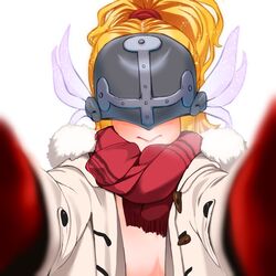  :&gt; alternate_costume alternate_hairstyle angewomon blonde_hair breasts closed_mouth coat covered_eyes digimon digimon_(creature) female fur_collar gerusyu grey_headwear hair_up helmet helmet_over_eyes long_hair meme naked_coat open_clothes open_coat outstretched_arms ponytail pov_cheek_warming_(meme) red_scarf scarf simple_background smile solo straight-on white_background white_coat winged_helmet winter_clothes 