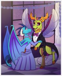  anthro arthropod black_tie_(suit) blue_body blue_scales border bow_tie changeling clothing cloven_hooves colored digital_drawing_(artwork) digital_media_(artwork) dragon dress elbow_sleeves female friendship_is_magic green_body hasbro hi_res hooves horn insect_wings inuhoshi-to-darkpen male mandibles membrane_(anatomy) membranous_wings my_little_pony mythological_creature mythological_scalie mythology princess_ember_(mlp) purple_eyes reformed_changeling scales scalie suit tail thorax thorax_(mlp) white_border wings 