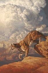  2015 ambiguous_gender climbing cloud cougar day felid feline feral fur greg_beecham hi_res linen mammal multicolored_body multicolored_fur nature nature_background oil_on_canvas oil_painting_(artwork) outside painting_(artwork) photorealism realistic realistic_shading rock sky skyscape solo tan_body tan_fur traditional_media_(artwork) two_tone_body two_tone_fur white_body white_fur 