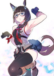  absurdres alternate_costume animal_ears armpits black-framed_eyewear black_gloves black_skirt black_thighhighs blue_eyes blush braid braided_ponytail brown_socks collared_shirt commentary_request cosplay crown_braid doushi_tatsu_to_dekkai_no ear_ornament female foot_out_of_frame glasses gloves highres horse_ears horse_girl horse_tail kantai_collection long_hair looking_at_viewer necktie parted_lips pleated_skirt red_necktie red_ribbon ribbon shigure_(kancolle) shigure_(kancolle)_(cosplay) shigure_kai_san_(kancolle) shigure_kai_san_(kancolle)_(cosplay) shirt simple_background skirt sleeveless sleeveless_shirt socks solo tail thighhighs thighs umamusume white_footwear wrist_ribbon zenno_rob_roy_(umamusume) 