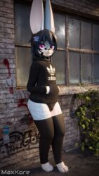  2024 3d_(artwork) 4_toes 9:16 adidas anthro band-aid band-aid_on_face bandage bandage_on_face black_clothing black_hair blue_body blue_fur building bulge clothed clothing collar crossdressing digital_media_(artwork) feet femboy flower_hair_accessory full-length_portrait fur hair hand_in_pocket hi_res highlights_(coloring) hoodie lagomorph leaning legwear leporid looking_at_viewer male mammal markings maxie_(maxkore) maxkore outside panties panties_bulge paws plant pockets portrait purple_eyes rabbit signature smile solo standing striped_markings stripes thigh_highs toes topwear underwear vines window 