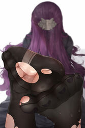  black_pantyhose black_robe blurry blurry_background depth_of_field dorsiflexion facing_away feet feet_up female fern_(sousou_no_frieren) foot_focus foreshortening from_behind hair_ornament long_hair lying nail_polish no_shoes on_stomach paid_reward_available pantyhose purple_hair purple_nails robe solo sousou_no_frieren sweatdrop toenail_polish toenails toes torn_clothes torn_pantyhose very_long_hair wd_(1106592840) white_background 