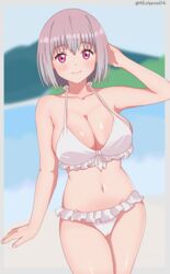  absurdres beach bikini blue_sky breasts cleavage cloud day eclyart female frilled_bikini frills gridman_universe highres large_breasts mountain navel outdoors purple_hair red_eyes shinjou_akane short_hair sky solo ssss.gridman swimsuit white_bikini 