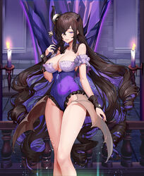  a_(sofi3103) absurdres arm_scrunchie bad_id bad_pixiv_id bare_legs bare_shoulders blue_eyes breasts brick_wall broken_horn brown_dust_2 brown_hair candle candlelight candlestand crystal curly_hair demon_horns eclipse_(brown_dust_2) feet_out_of_frame female fingerless_gloves fingernails frilled_leotard frills gloves glowing groin hair_over_one_eye highres horn_ornament horns indoors large_breasts leotard long_hair looking_at_viewer multicolored_hair no_pants open_mouth purple_leotard sharp_fingernails solo standing stone_floor teeth thighs two-tone_hair upper_teeth_only very_long_hair window 