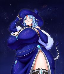  animal_ears belly blue_dress blue_eyes blue_hair blue_pupils breasts bridal_gauntlets bright_pupils cleavage covered_navel cow_ears cow_girl cow_horns cow_tail dress earrings female from_below gigantic_breasts hat highres horn_ornament horns indie_virtual_youtuber jewelry miilkywayz mole mole_under_eye mole_under_mouth night night_sky plump side_slit signature sky smile solo space_print star-shaped_pupils star_(sky) star_(symbol) starry_sky starry_sky_print startums stole symbol-shaped_pupils tail thighhighs virtual_youtuber witch_hat 