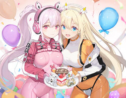  2girls alice_(nikke) animal_ear_headphones animal_ears bikini_over_clothes blonde_hair blue_eyes bodysuit braid breasts cake cake_slice cropped_jacket fake_animal_ears food fruit gloves goddess_of_victory:_nikke grey_hair headgear headphones headset holding holding_plate impossible_bodysuit impossible_clothes iroha_ironoha jacket large_breasts latex latex_bodysuit long_hair long_sleeves looking_at_viewer ludmilla_(nikke) medium_breasts multicolored_clothes multicolored_gloves multicolored_jacket multiple_girls neve_(nikke) open_mouth orange_bodysuit panties_over_bodysuit pink_bodysuit pink_eyes pink_gloves pink_headphones plate red_jacket shrug_(clothing) sidelocks skin_tight smile strawberry strawberry_shortcake tove_(nikke) twintails two-tone_gloves white_gloves 