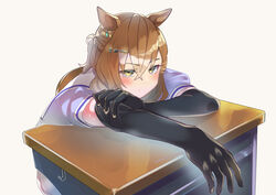  animal_ears arms_on_table black_gloves blush braid brown_hair closed_mouth commentary_request desk doushi_tatsu_to_dekkai_no earrings elbow_gloves female french_braid gloves highres horse_ears horse_girl jewelry jungle_pocket_(umamusume) looking_at_viewer medium_hair on_desk puffy_short_sleeves puffy_sleeves purple_shirt school_desk school_uniform shirt short_sleeves simple_background single_earring sitting skirt solo summer_uniform sweat tracen_school_uniform umamusume white_background white_skirt yellow_eyes 