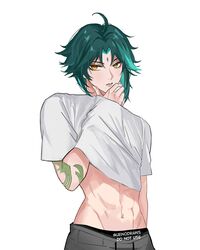  1boy arm_tattoo clothes_lift genshin_impact green_hair grey_pants guilty_challenge_(meme) male_focus meme midriff multicolored_hair navel pants shirt shirt_lift simple_background solo stomach tattoo uenodraws white_background white_shirt xiao_(genshin_impact) yellow_eyes 