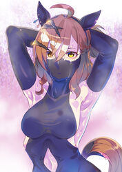  absurdres ahoge alternate_costume animal_ears armpits arms_up black_bodysuit black_gloves black_hairband bodysuit braid breasts brown_hair collarbone commentary_request doushi_tatsu_to_dekkai_no ear_covers elbow_gloves female french_braid gloves gradient_background hair_ornament hairband highres horse_ears horse_girl horse_tail jungle_pocket_(umamusume) looking_at_viewer mask medium_breasts medium_hair mouth_mask navel ninja ninja_mask notched_ear presenting_armpit simple_background sleeveless sleeveless_bodysuit solo sweat sweatdrop tail umamusume upper_body visible_air x_hair_ornament yellow_eyes 