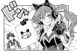  1boy animal_ear_headphones animal_ears apron bag breasts cat_ear_headphones cleavage commentary_request duel_monster fake_animal_ears female gloves greyscale grin headphones highres holding holding_bag holding_marker hood hoodie i:p_masquerena kusanagi_shouichi long_hair marker medium_hair monochrome paper_bag short_sleeves smile sosamoto_(tvny2528) twintails yu-gi-oh! yu-gi-oh!_vrains 