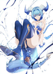  arms_behind_back blue_eyeliner blue_eyes blue_gloves blue_hair blue_panties blue_thighhighs blueorca braid braided_ponytail breasts bright_pupils choker commentary dragon_girl dragon_horns dragon_tail english_commentary eyeliner female gloves hair_intakes highres horns large_breasts long_hair looking_at_viewer makeup midair oerba_yun_fang original panties pointy_ears single_braid smile solo tail thighhighs underwear water white_background white_pupils 