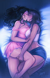  2girls asami_sato avatar_legends bare_legs black_hair breasts brown_hair closed_eyes couple crop_top dark-skinned_female dark_skin highres iahfy kissing korra long_hair multiple_girls nightgown short_shorts shorts strap_slip the_legend_of_korra thighs wavy_hair yuri 