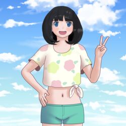  absurdres black_hair blue_eyes blue_sky bob_cut clip_studio_paint_(medium) cloud cowboy_shot crop_top female floral_print green_shorts highres looking_at_viewer navel open_mouth pokemon pokemon_sm selene_(pokemon) self-upload shirt short_shorts shorts sky solo someoneelsenow tied_shirt 