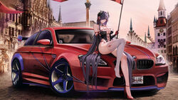  absurdres alternate_costume annotated architecture arm_warmers august_von_parseval_(azur_lane) azur_lane bare_shoulders black_leotard bmw bmw_m6 breasts car character_name cleavage clothing_cutout collarbone column commentary copyright_name cross curled_horns detached_collar eyes_visible_through_hair female fingerless_gloves flag germany gloves gothic_architecture hair_between_eyes hair_over_one_eye hair_ribbon high_heels highleg highleg_leotard highres holding holding_flag horns iron_blood_(emblem) iron_cross kcar66t large_breasts leotard license_plate long_hair looking_at_viewer marienplatz mariensaule mechanical_horns motor_vehicle munich navel navel_cutout neck_ribbon outdoors parted_lips pillar pole product_placement purple_eyes purple_hair race_queen real_world_location red_gloves red_nails red_ribbon ribbon shadow shoes sidelocks single_shoe single_thighhigh sitting sitting_on_car skindentation solo spoiler_(automobile) strapless swept_bangs thighhighs very_long_hair white_thighhighs 