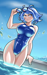  antenna_hair blue_eyes blue_hair blue_one-piece_swimsuit blue_sky boku_no_hero_academia breasts cloud day female hadou_nejire highres holding holding_removed_eyewear large_breasts md5_mismatch nail_polish official_alternate_hair_length official_alternate_hairstyle one-piece_swimsuit outdoors pool sky solo swimsuit unworn_eyewear wading water yellow_nails zer0z_vi 