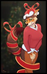  2023 5_fingers absurd_res accessory anthro black_border blurred_background border bottomless bottomless_anthro bottomless_female bow_ribbon breasts brown_body brown_fur brown_nose canid canine canis chest_tuft christmas christmas_clothing christmas_headwear christmas_tree clothed clothing costume covering covering_crotch covering_self cute_fangs detailed_background digital_drawing_(artwork) digital_media_(artwork) dipstick_tail dreamtanker eyebrows female fingers fur furgonomics gift_bow gift_wrapped green_eyes hat head_tuft headgear headwear hi_res holidays inner_ear_fluff looking_at_viewer mammal markings multicolored_body multicolored_fur nipple_outline orange_body orange_ears orange_fur plant raised_tail red_wolf rhea_(nicnak044) ribbons santa_costume santa_hat signature solo standing tail tail_accessory tail_markings tail_ribbon tan_body tan_fur tan_inner_ear_fluff tongue tongue_out topwear tree tuft two_tone_tail wolf 