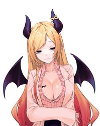  absurdres alternate_eye_color bat_wings black_skirt blonde_hair blue_eyes breast_tattoo breasts center_frills cleavage closed_mouth coat demon_girl demon_horns demon_wings female frilled_shirt frills gradient_hair hair_ribbon heart highres hololive horn_ornament horn_ring horns lab_coat large_breasts miniskirt multicolored_hair ocha_(ocha_illust) open_clothes open_coat pencil_skirt pink_hair pink_shirt pointy_ears ribbon shirt simple_background single_sidelock skirt solo tattoo tress_ribbon virtual_youtuber white_background winged_heart winged_heart_tattoo wings yuzuki_choco yuzuki_choco_(1st_costume) 