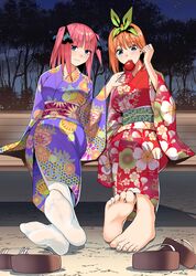  2girls absurdres adjusting_hair barefoot blue_eyes breasts butterfly_hair_ornament candy_apple collarbone commentary_request feeding feet floral_print floral_print_kimono food foot_focus full_body go-toubun_no_hanayome green_ribbons green_sash hair_ornament hair_ribbon highres japanese_clothes kimono kosmos_beta large_breasts long_sleeves looking_at_viewer medium_hair multiple_girls nakano_nino nakano_yotsuba night no_shoes obi okobo orange_hair outdoors paid_reward_available pink_hair print_kimono purple_kimono red_kimono red_sash ribbon sandals sash sitting sky soles star_(sky) starry_sky thighhighs toenails toes unworn_sandals white_thighhighs wide_sleeves wooden_floor 