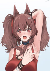  absurdres angelina_(arknights) angelina_(summer_flower)_(arknights) animal_ears arknights arm_behind_head arm_up armpits blue_background blush bracelet breasts brown_eyes brown_hair casual_one-piece_swimsuit collar female fourtwelve fox_ears gradient_background highres infection_monitor_(arknights) jewelry long_hair looking_at_viewer medium_breasts official_alternate_costume one-piece_swimsuit open_mouth red_one-piece_swimsuit sidelocks solo spread_armpit swimsuit twintails upper_body 