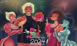  2023 abs amphibia_(series) amphibian anthro armwear bella_(amphibia) big_breasts black_clothing black_dress black_hair blonde_hair blue_clothing blue_dress bottomwear bow_tie breasts champagne_bottle champagne_glass cleavage closed_eyes clothed clothing cocktail_dress container cup disney dress dress_shirt drinking_glass elbow_gloves english_text eyebrows female fireworks fully_clothed gem general_yunan glass glass_container glass_cup gloves green_clothing green_dress group hair hair_bun half-closed_eyes handwear hi_res holding_glass holding_object holidays huge_breasts jewelry lady_olivia male minidress muscular muscular_female narrowed_eyes necklace new_year newt odelia_(thedarkzircon) open_mouth open_smile orange_hair pearl_(gem) pearl_necklace red_clothing red_dress salamander shirt short_hair shorts smile sprig_plantar standing suit_jacket teeth text thedarkzircon thick_thighs topwear wide_eyed wide_hips 