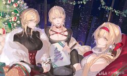  3girls alternate_costume bare_shoulders bead_necklace beads bianca:_stigmata_(punishing:_gray_raven) bianca:_veritas_(punishing:_gray_raven) bianca:_zero_(punishing:_gray_raven) bianca_(punishing:_gray_raven) bilibili_logo bilibili_username blonde_hair bodystocking bow box breasts building bukeranshao_laji chinese_commentary choker christmas christmas_ornaments christmas_tree christmas_tree_earrings city cleavage commentary couch cross cup drink earrings feather_boa food gift gift_box green_eyes hair_intakes hair_over_one_eye hairband hairbow highres holding holding_drink holding_gift hot_drink indoors jewelry large_breasts long_hair looking_at_viewer marshmallow mixed-language_commentary mole mole_under_eye mug multiple_girls multiple_persona nail_polish necklace night on_couch one_eye_covered pom_pom_(clothes) pom_pom_earrings ponytail punishing:_gray_raven purple_eyes purple_lips purple_nails red_bow red_choker red_hairband sitting skyscraper sleeves_past_wrists snowflake_necklace snowflakes sweater updo white_sweater yellow_eyes 