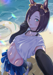  absurdres air_groove_(umamusume) alternate_costume animal_ears beach black_choker black_gloves black_hair blue_eyes blue_skirt blush breasts choker closed_mouth commentary_request cowboy_shot cropped_shirt doushi_tatsu_to_dekkai_no ear_ornament elbow_gloves female gloves highres horse_ears horse_girl horse_tail innertube looking_at_viewer medium_breasts midriff navel ocean one_eye_closed outdoors sand selfie shirt short_hair skirt smile solo swim_ring tail umamusume water white_shirt 