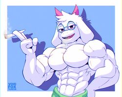  2023 5:4 abs absurd_res anthro biceps big_muscles blue_background border bottomwear bovid caprine clothed clothing darkner deltarune deltoids drugs eyewear fur glasses goat hi_res horn huge_muscles looking_at_viewer male mammal marijuana mario_smoking_weed muscular muscular_anthro muscular_male narrowed_eyes open_mouth open_smile pants pecs ralsei ralsei_smoking_blunt red_eyes serratus shadow simple_background smile smoke smoking solo standing stoned substance_intoxication topless topless_anthro topless_male triceps tuft undertale_(series) voidfoxtamcin white_border 