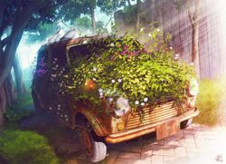  abandoned animal bird car commentary_request day fence flower herringbone mini_cooper mocha_(cotton) motor_vehicle no_humans original outdoors overgrown pavement purple_flower rust scenery signature sunlight tree vehicle_focus white_flower wooden_fence 