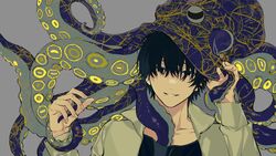  1boy animal animal_on_head black_hair black_shirt chainsaw_man grey_background hair_over_eyes highres jacket looking_at_viewer male_focus mole mole_under_mouth octopus octopus_devil_(chainsaw_man) on_head sea_creature shirt short_hair simple_background smile solo_focus tentacle tentacle_grab tentacles_under_clothes tuzaixia white_jacket yoshida_hirofumi 