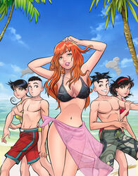  amanda_(turma_da_monica) beach bikini black_bikini black_hair blue_sky breasts cascao_(turma_da_monica) cebolinha_(turma_da_monica) cleavage cloud cloudy_sky day furrowed_eyebrows green_eyes grin hairband highres long_hair looking_at_another looking_at_viewer magali_(turma_da_monica) medium_breasts midriff monica_(turma_da_monica) navel ocean official_art outdoors pose red_hair shirtless short_hair shorts sky smile smoke standing swimsuit turma_da_monica turma_da_monica_jovem upset yellow_bikini zazo_aguiar 