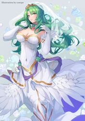  artist_name blush breasts bridal_veil cecilia_(bridal)_(fire_emblem) cecilia_(fire_emblem) cleavage conope cowboy_shot dress elbow_gloves female fire_emblem fire_emblem:_the_binding_blade fire_emblem_heroes flower gloves green_eyes green_hair large_breasts long_dress long_hair looking_at_viewer official_alternate_costume simple_background smile solo strapless strapless_dress veil wedding_dress white_gloves 