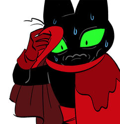  black_body black_fur bodily_fluids c2ndy2c1d cape cartoon_network clothing domestic_cat felid feline felis fur gloves green_eyes handwear junkmixart male mammal mao_mao:_heroes_of_pure_heart meme nervous reaction_image red_cape red_clothing red_gloves red_handwear sheriff_mao_mao_mao simple_background solo sweat sweating_towel_guy white_background wiping_sweat 